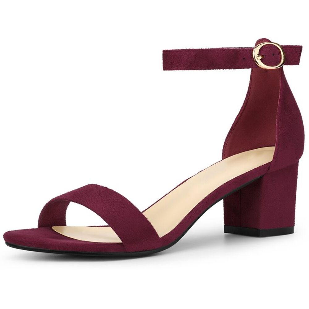 Open Toe Ankle Strap Chunky Heels Sandals Burgundy